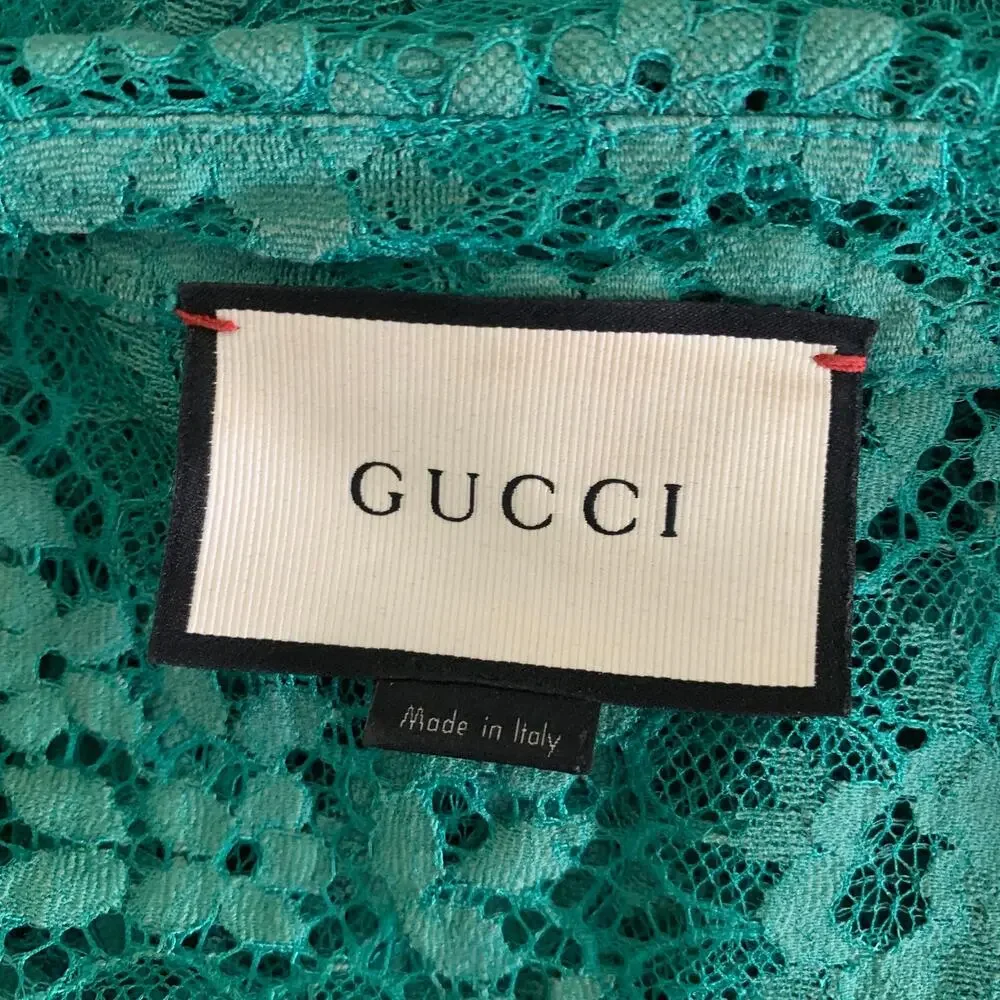 GUCCI Size M Green Lace Polyamide Blend Button Up Long Sleeve Shirt